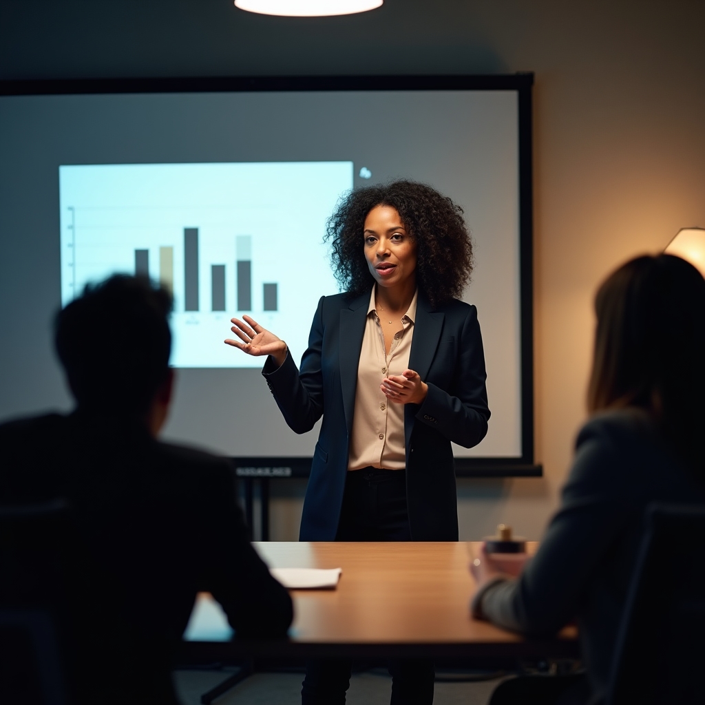 A product manager presenting a scoped analysis request framework to colleagues in a meeting room
