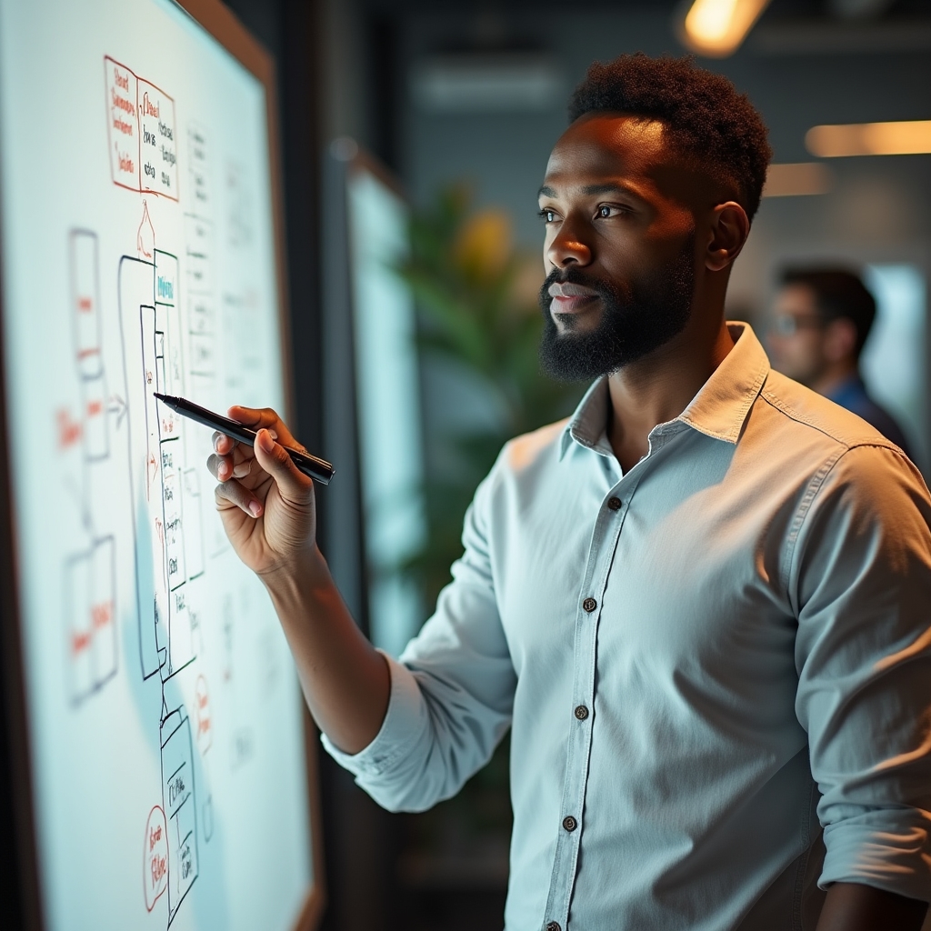 Operations manager mapping a request workflow on a whiteboard during a training session